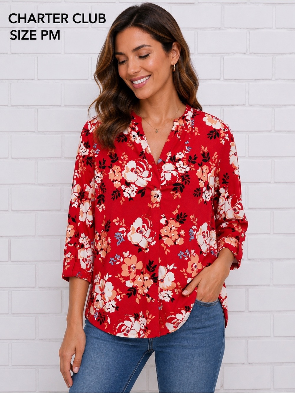 CHARTER CLUB women 3/4 sleeve red floral top/feminine size PM